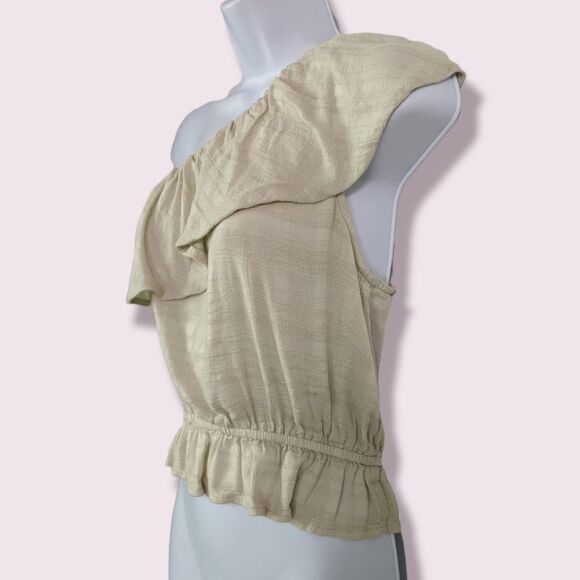 AE Muted Green Gauze One Shoulder Ruffles Flirty Top Size M Measurements 👇 - Picture 3 of 6